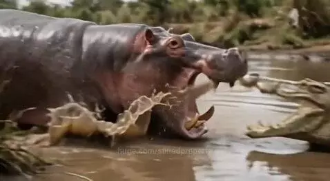 A large hippopotamus opens its jaws wide, appearing to bite a crocodile in a splashing muddy river.