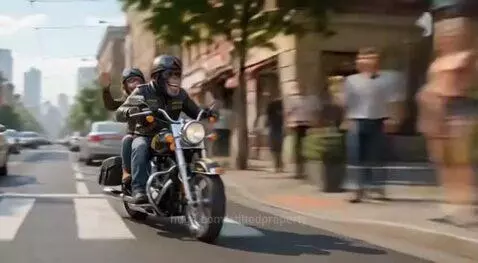 Two animated chimpanzees wearing helmets and leather jackets riding a motorcycle down a sunny city street.