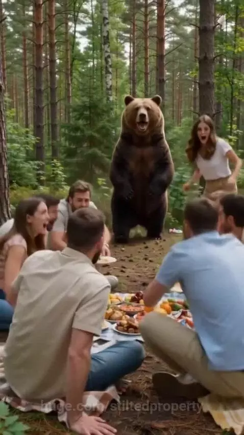 A large brown bear stands on its hind legs, roaring at a group of people fleeing a picnic blanket laden with food.