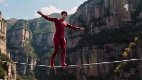 Man in red suit performs a tightrope walk across a deep canyon, with a river far below and spectators watching.