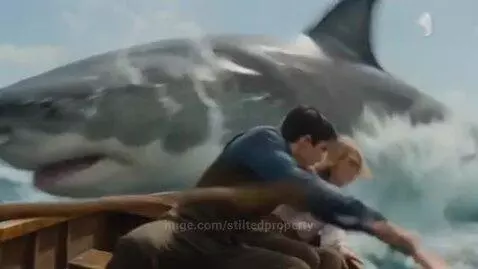 Two large sharks circling a small wooden rowboat in the ocean, one shark breaching the water.