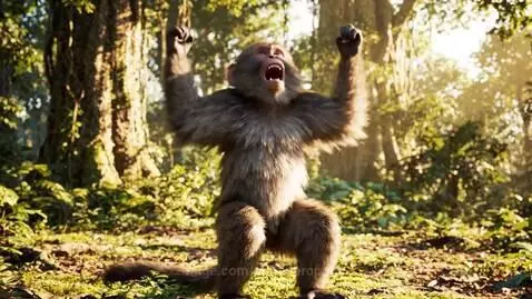 A brown monkey with light fur on its face and chest stands on hind legs in a sunny jungle, making expressive gestures.
