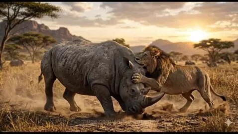 Lion attacking a rhinoceros in a dry savanna during sunset, with dust kicked up.