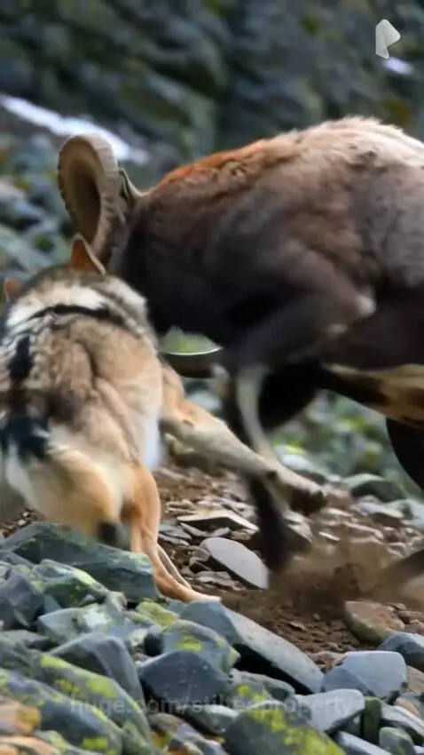 Wolf lunging at a ram with large curved horns on a steep, rocky mountain slope.