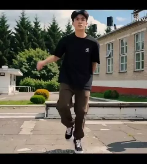 Group of young people performing synchronized dance routines outdoors on a paved area with buildings and trees in the background.