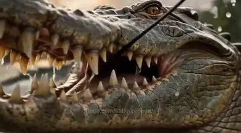 Fisherman in a boat struggling to reel in a huge crocodile emerging from a jungle river at sunset.