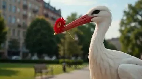 A white stork with a red beak gently places a red flower into a baby's hand in a sunny park.