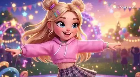 Two animated cartoon girls dancing energetically on a stage with confetti, balloons, and colorful lights.
