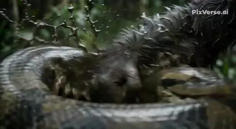 A powerful gorilla grappling with a large anaconda in a muddy jungle setting, with water splashing.