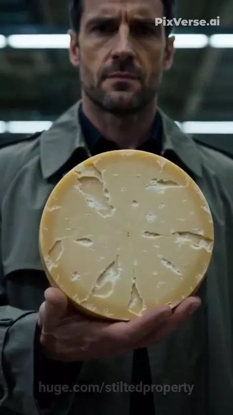 Man in trench coat with glowing hand reaching for wine bottle in supermarket, cheese wheel visible.