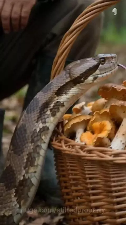 Close-up of a brown and black patterned snake in a wicker basket filled with chanterelle mushrooms in a forest.
