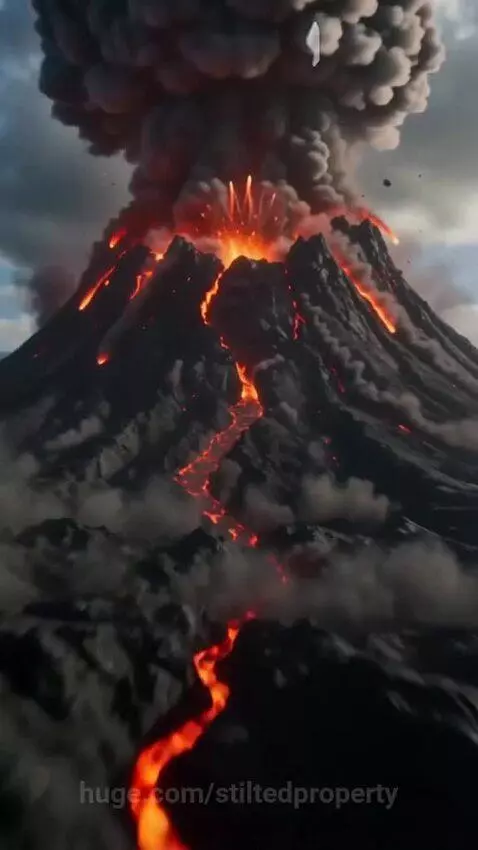 A powerful volcano erupting, spewing lava and smoke into the sky.