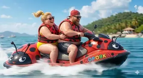 Couple laughing while riding a red ladybug-shaped jet ski on a bright blue ocean.