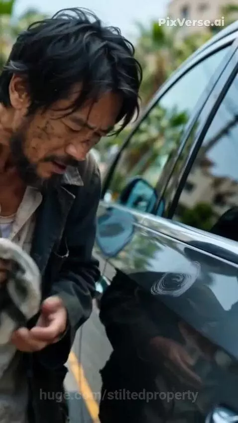 Man in torn clothes proudly standing next to a luxury dark grey car, showing deep appreciation.