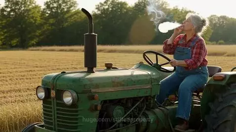 Elderly woman with gray hair, wearing a red plaid shirt and blue overalls, driving a green tractor and smiling.