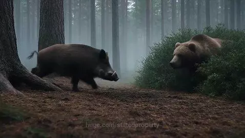 A brown bear lunges from bushes to attack a wild boar in a forest.