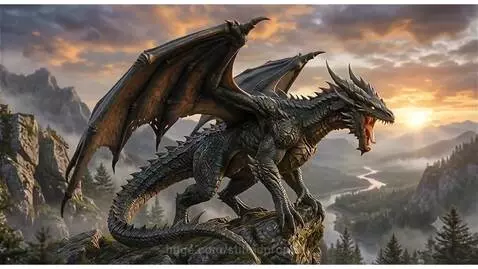 Dark-scaled dragon perched on a cliff, taking flight over a misty mountain range during a vibrant sunset.