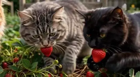 Three fluffy cats (orange, tabby, black) happily eating red strawberries in a sunny garden.