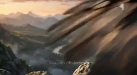 A majestic griffin with armor and a blue gem stands on a cliff overlooking a fantasy landscape at sunset.