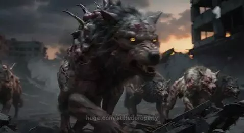 Mutated wolf-like creatures with glowing yellow eyes and spikes in a destroyed city.