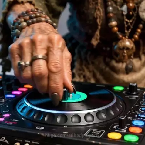 Elderly woman dressed as Baba Yaga, wearing sunglasses and headphones, enthusiastically DJing with colorful lights.