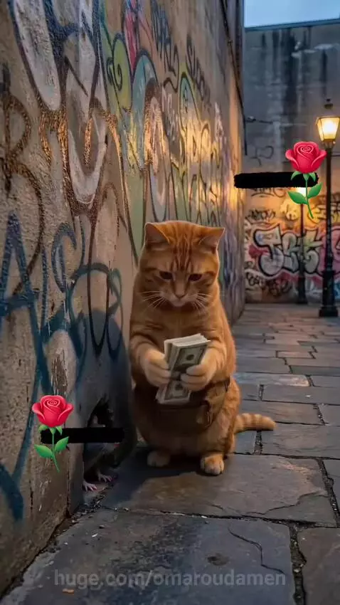 Orange cat wearing a fanny pack and sunglasses, holding an AK-47, looking confidently at the viewer.