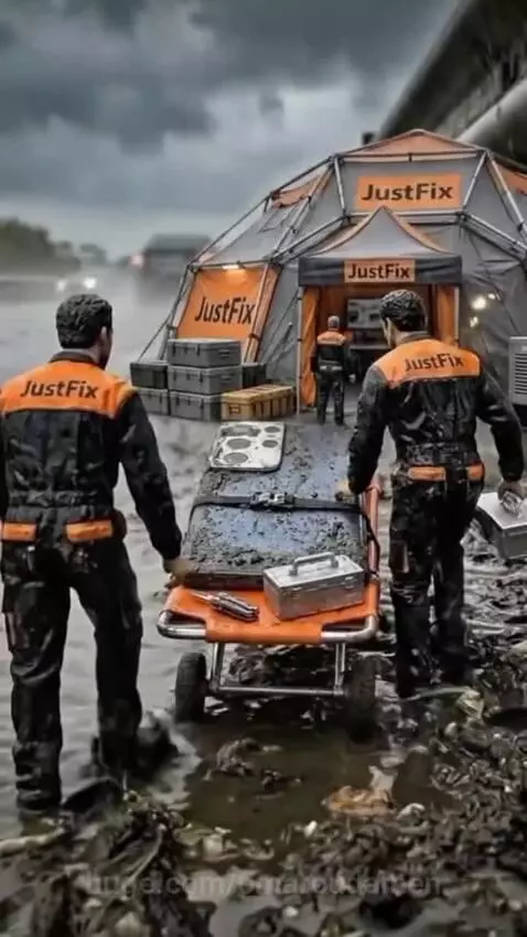 Three miniature repairmen in uniforms cleaning a giant, mud-covered smartphone in a futuristic workshop.