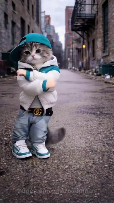 Fluffy cat wearing a puffer jacket, gold chains, and backward cap, dancing in an urban alleyway.