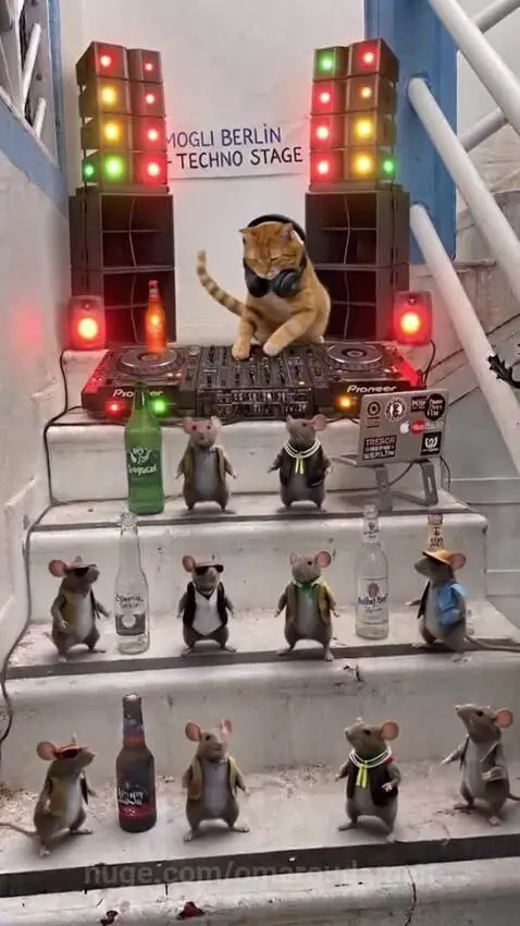 Orange cat DJ wearing headphones with Pioneer mixer, surrounded by dancing mice figures at a techno stage.