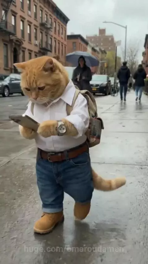 Orange cat in backpack and boots looking at phone, then getting into a car with another cat in the rain.