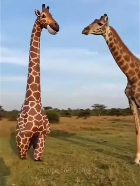 Person in a giraffe costume stands next to a real giraffe, which looks surprised as they touch heads.