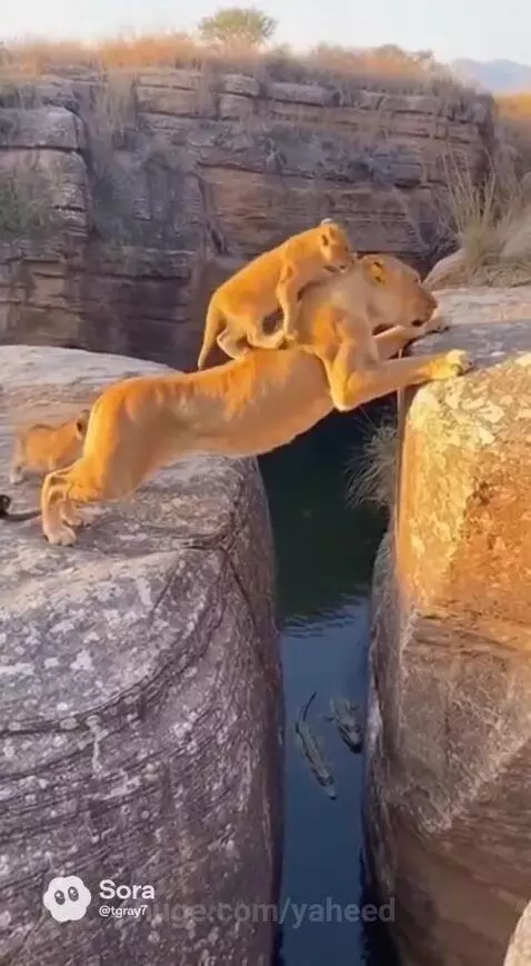 Lioness lying across a gap with a cub walking over her back, crocodiles visible below.