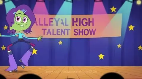 Cartoon girl Mila with purple hair and green skin tap dancing on stage with stars and a banner.