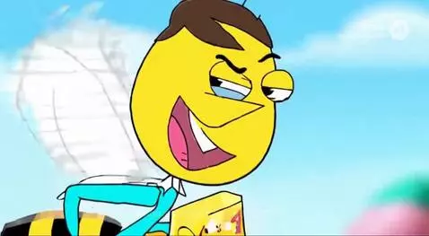 Animated bee character, Harvey Hornet, flying away with a box of Kellogg's Honey Crunch Balls cereal.