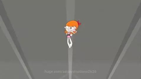 Animated girl with orange hair performing a high jump during a gymnastic audition in a gym.
