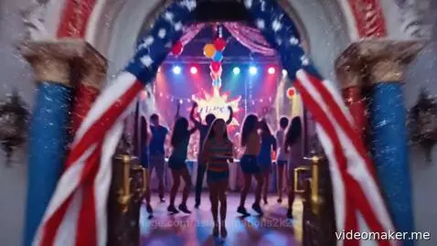 Young girl holding comfort food smiles, wishing Happy Spring Break, with a party scene in the background.