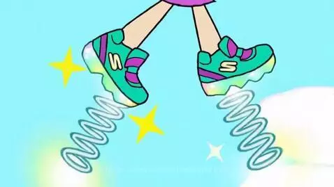 Animated girl with blonde hair and green shirt happily jumping and flying with Skechers Magical Bouncy Shoes.