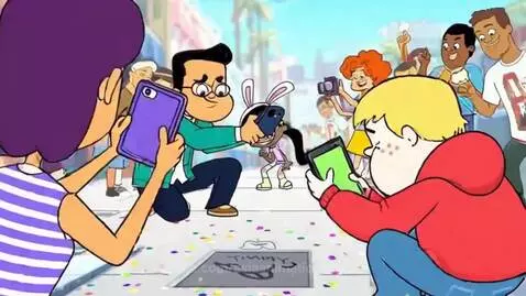Cartoon girl with bunny ears points to a star plaque on the ground that reads 'TIMMY'. Crowd takes photos.
