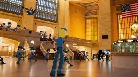 Animated police officers fighting a horde of stick figures with red horns inside Grand Central Terminal.