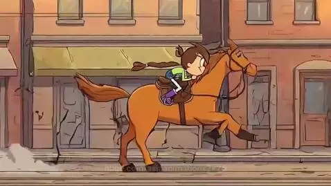 Animated girl with brown hair in a green shirt riding a brown horse quickly through a cartoon city street with fleeing stick figures.