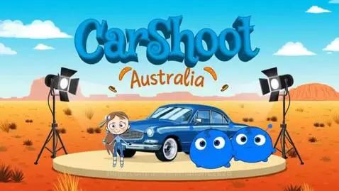 Cartoon animation of a smiling girl, blue blobs, and a classic blue car on a stage in the Australian desert.