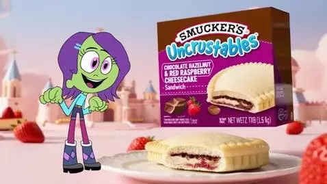Cartoon character excited about Smucker's Chocolate Hazelnut and Red Raspberry Cheesecake Uncrustables sandwich.