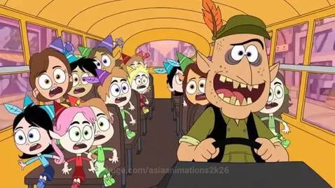 An elf driving a bus crashes through the front window of a grocery store, with scared elf children visible inside the bus.