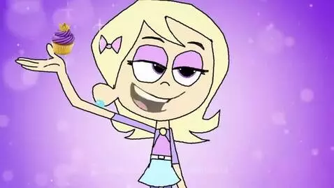Animated girl holding a purple cupcake with a gold crown, next to a Pillsbury product box.