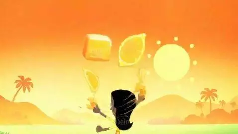 Animated girl in a sunny tropical landscape, followed by Starburst Orange Mango Sunshine candy wrapper and floating fruit.