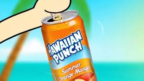 Animated girl with orange hair enjoying Hawaiian Punch Summer Orange Mango on a sunny beach.