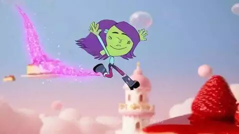 Mila, a green-skinned character, flies and eats a giant strawberry cheesecake in a colorful, whimsical wonderland.