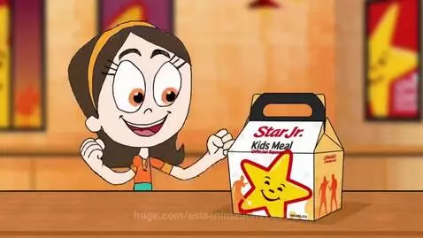 Animated girl with soccer ball and Hardee's Star Jr. Kids Meal featuring cheeseburger, fries, and toy.