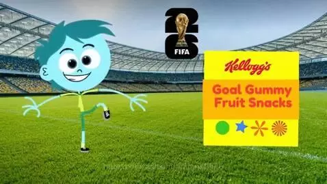Blue cartoon character playing soccer with Kellogg's Goal Gummy Fruit Snacks box and FIFA World Cup 2026 logo.