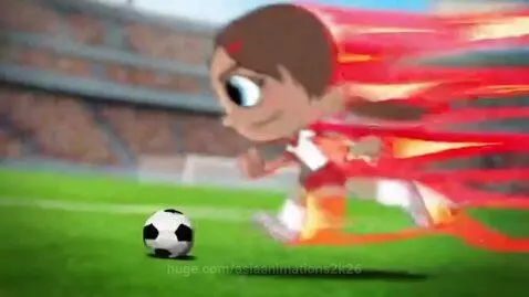 Hand holding a red lightning bolt shaped gummy with a soccer field background and fiery streaks.
